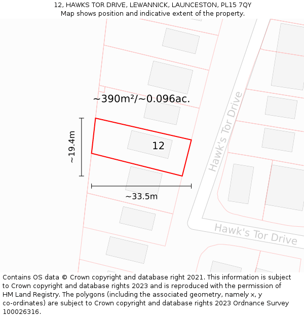 12, HAWKS TOR DRIVE, LEWANNICK, LAUNCESTON, PL15 7QY: Plot and title map