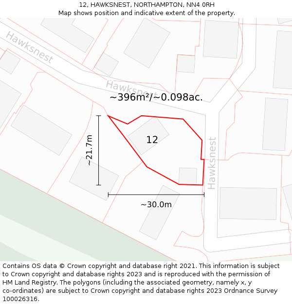 12, HAWKSNEST, NORTHAMPTON, NN4 0RH: Plot and title map