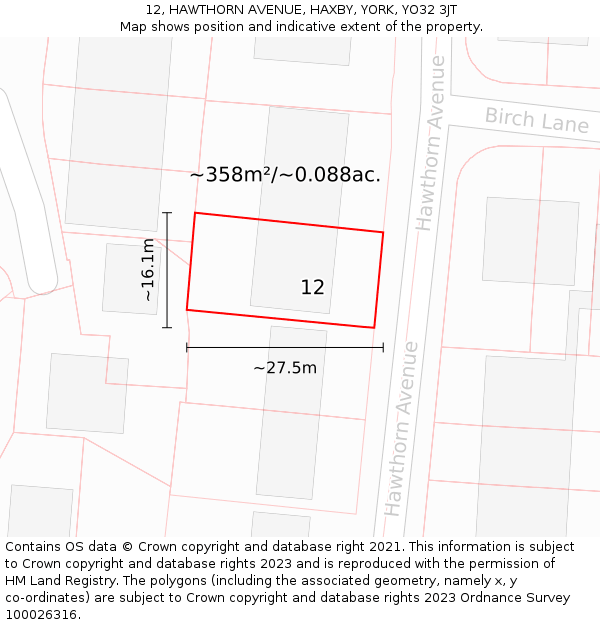 12, HAWTHORN AVENUE, HAXBY, YORK, YO32 3JT: Plot and title map
