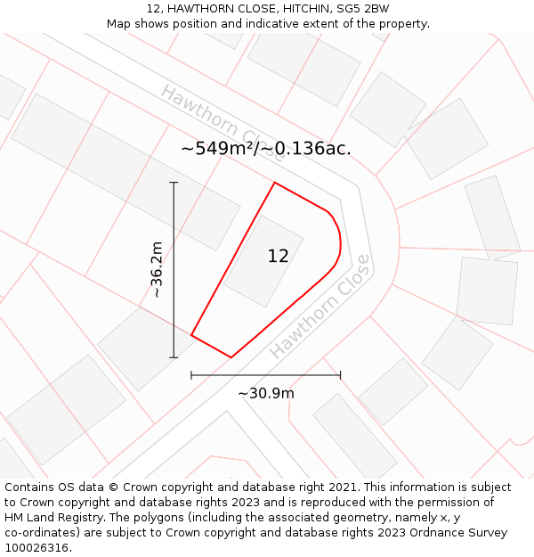 12, HAWTHORN CLOSE, HITCHIN, SG5 2BW: Plot and title map