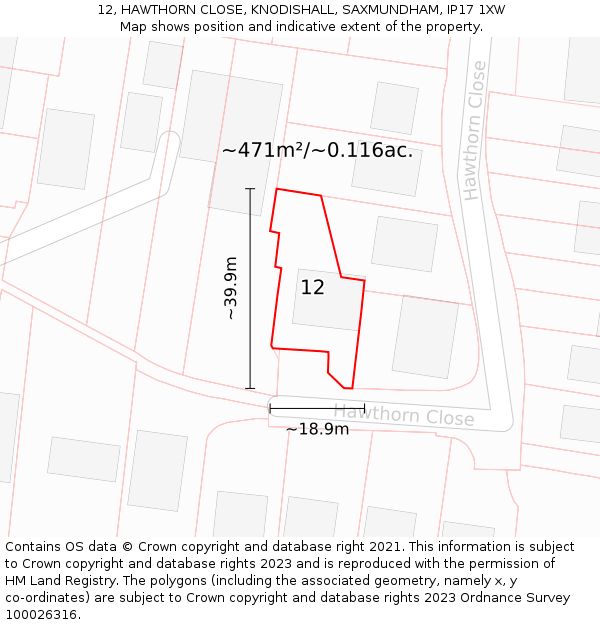 12, HAWTHORN CLOSE, KNODISHALL, SAXMUNDHAM, IP17 1XW: Plot and title map
