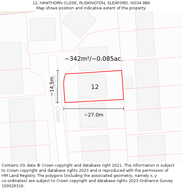12, HAWTHORN CLOSE, RUSKINGTON, SLEAFORD, NG34 9BX: Plot and title map