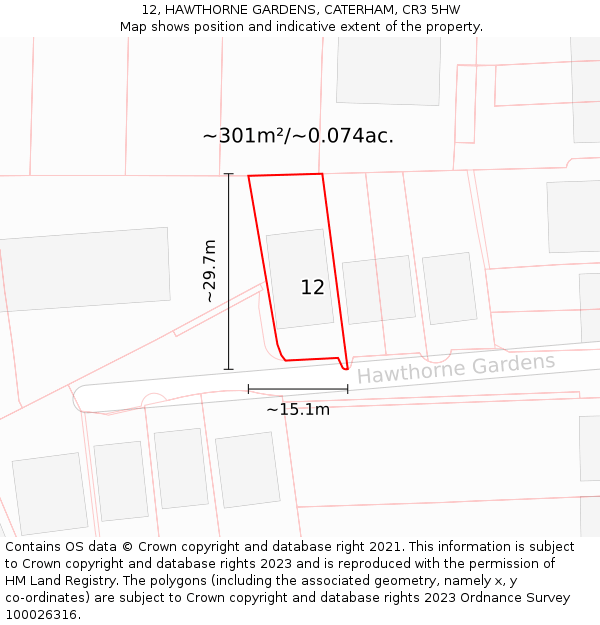 12, HAWTHORNE GARDENS, CATERHAM, CR3 5HW: Plot and title map