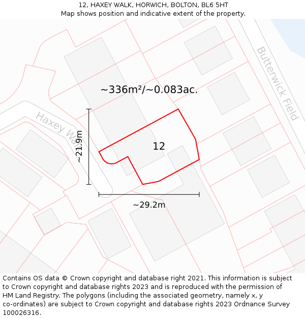 12, HAXEY WALK, HORWICH, BOLTON, BL6 5HT: Plot and title map