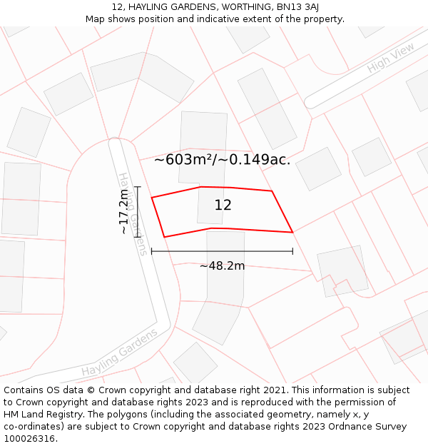 12, HAYLING GARDENS, WORTHING, BN13 3AJ: Plot and title map