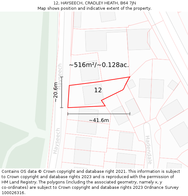 12, HAYSEECH, CRADLEY HEATH, B64 7JN: Plot and title map