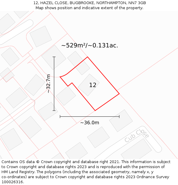 12, HAZEL CLOSE, BUGBROOKE, NORTHAMPTON, NN7 3GB: Plot and title map