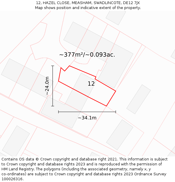 12, HAZEL CLOSE, MEASHAM, SWADLINCOTE, DE12 7JX: Plot and title map