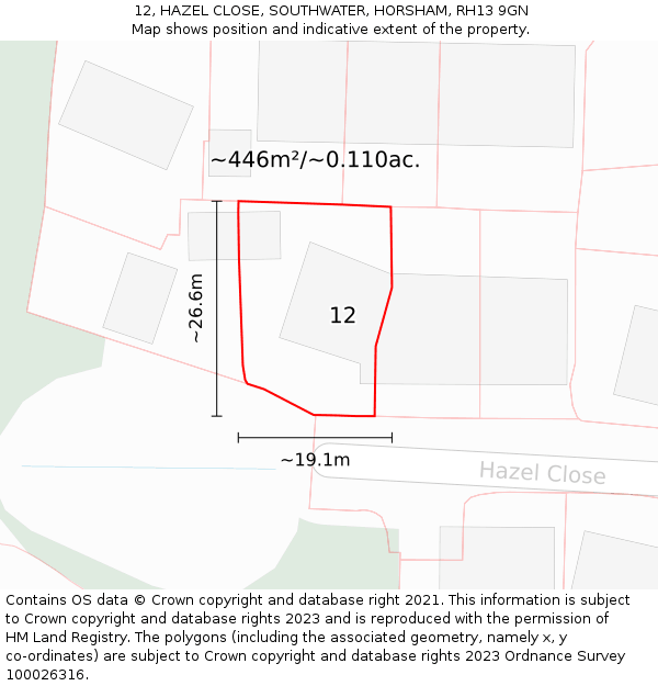 12, HAZEL CLOSE, SOUTHWATER, HORSHAM, RH13 9GN: Plot and title map