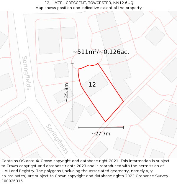12, HAZEL CRESCENT, TOWCESTER, NN12 6UQ: Plot and title map