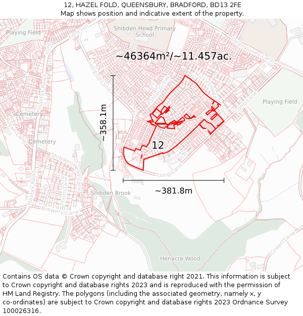 12, HAZEL FOLD, QUEENSBURY, BRADFORD, BD13 2FE: Plot and title map