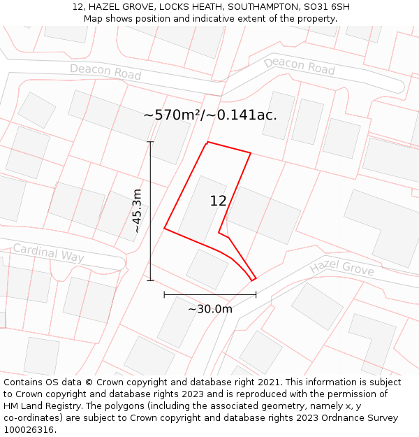 12, HAZEL GROVE, LOCKS HEATH, SOUTHAMPTON, SO31 6SH: Plot and title map