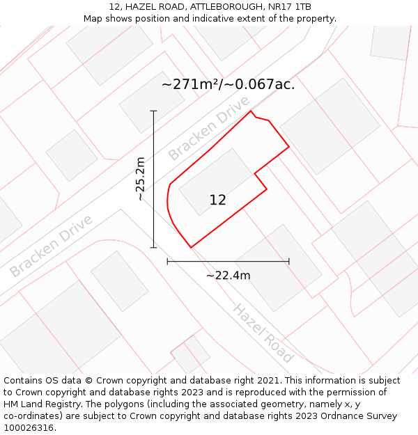12, HAZEL ROAD, ATTLEBOROUGH, NR17 1TB: Plot and title map
