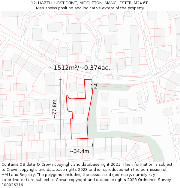 12, HAZELHURST DRIVE, MIDDLETON, MANCHESTER, M24 6TL: Plot and title map
