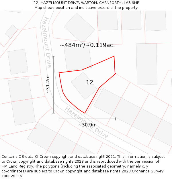 12, HAZELMOUNT DRIVE, WARTON, CARNFORTH, LA5 9HR: Plot and title map