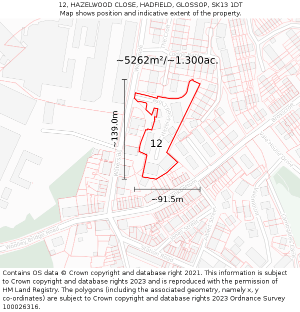 12, HAZELWOOD CLOSE, HADFIELD, GLOSSOP, SK13 1DT: Plot and title map
