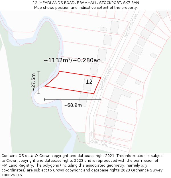 12, HEADLANDS ROAD, BRAMHALL, STOCKPORT, SK7 3AN: Plot and title map