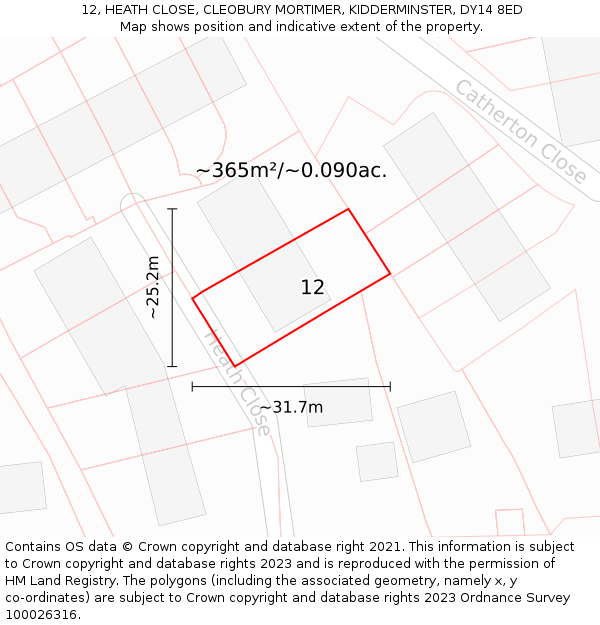 12, HEATH CLOSE, CLEOBURY MORTIMER, KIDDERMINSTER, DY14 8ED: Plot and title map