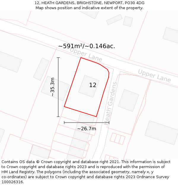 12, HEATH GARDENS, BRIGHSTONE, NEWPORT, PO30 4DG: Plot and title map