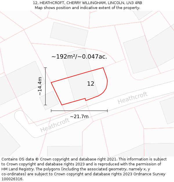 12, HEATHCROFT, CHERRY WILLINGHAM, LINCOLN, LN3 4RB: Plot and title map