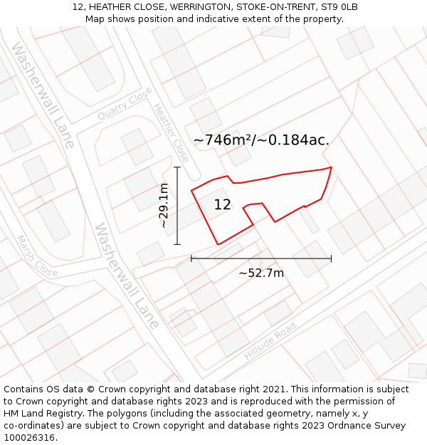 12, HEATHER CLOSE, WERRINGTON, STOKE-ON-TRENT, ST9 0LB: Plot and title map