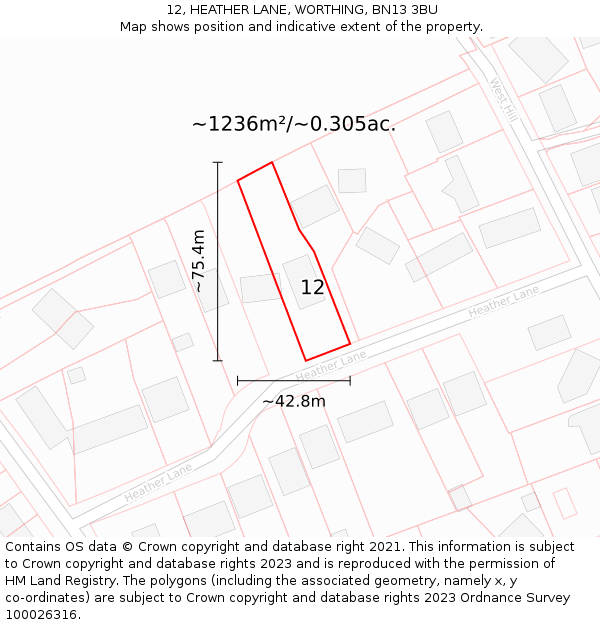 12, HEATHER LANE, WORTHING, BN13 3BU: Plot and title map