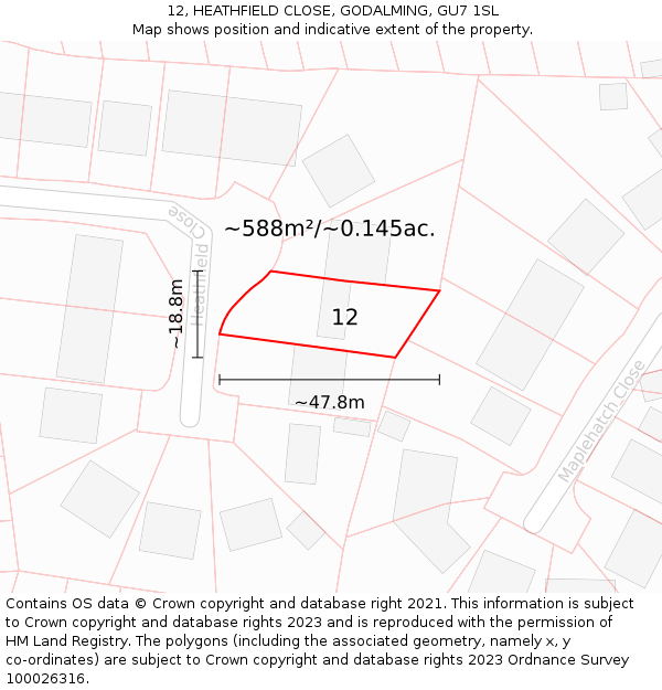 12, HEATHFIELD CLOSE, GODALMING, GU7 1SL: Plot and title map