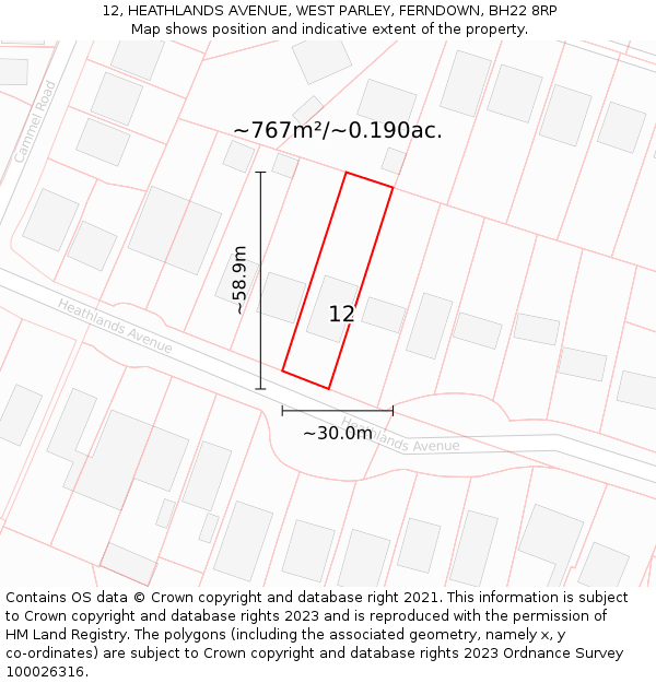 12, HEATHLANDS AVENUE, WEST PARLEY, FERNDOWN, BH22 8RP: Plot and title map