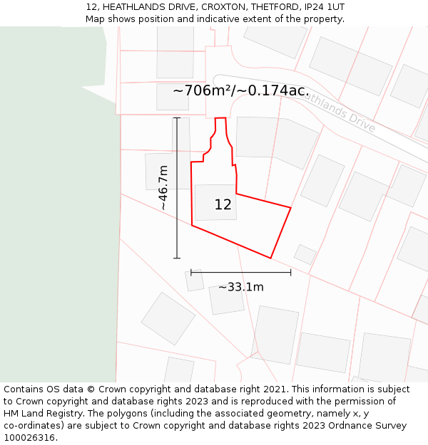 12, HEATHLANDS DRIVE, CROXTON, THETFORD, IP24 1UT: Plot and title map