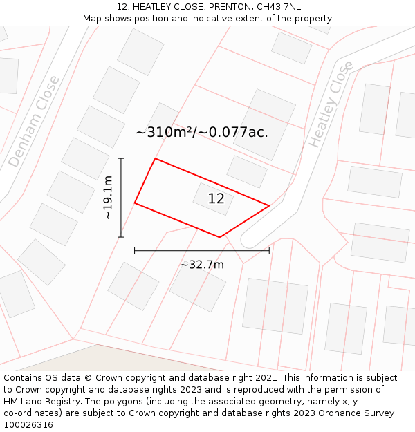 12, HEATLEY CLOSE, PRENTON, CH43 7NL: Plot and title map