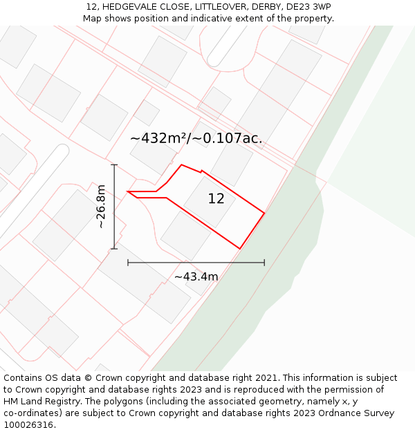 12, HEDGEVALE CLOSE, LITTLEOVER, DERBY, DE23 3WP: Plot and title map