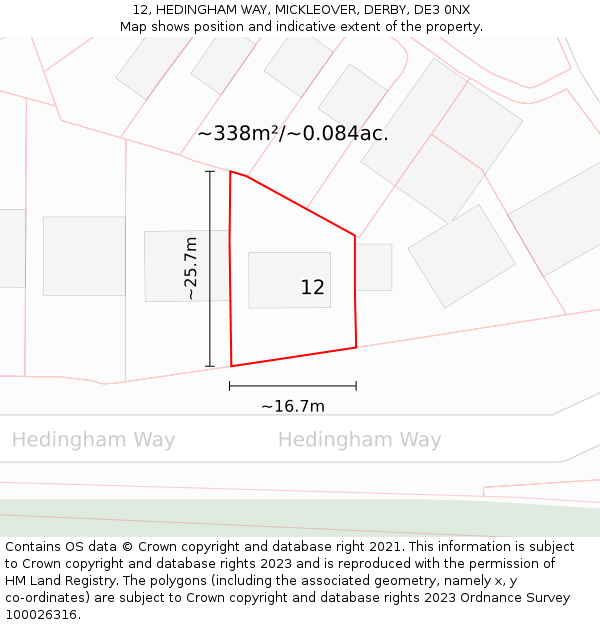 12, HEDINGHAM WAY, MICKLEOVER, DERBY, DE3 0NX: Plot and title map