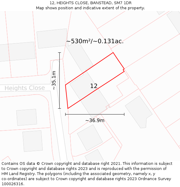 12, HEIGHTS CLOSE, BANSTEAD, SM7 1DR: Plot and title map