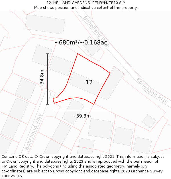 12, HELLAND GARDENS, PENRYN, TR10 8LY: Plot and title map