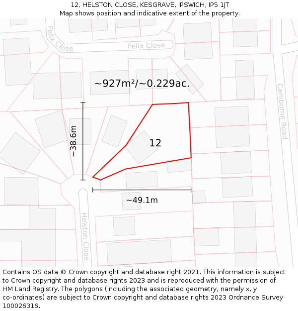 12, HELSTON CLOSE, KESGRAVE, IPSWICH, IP5 1JT: Plot and title map