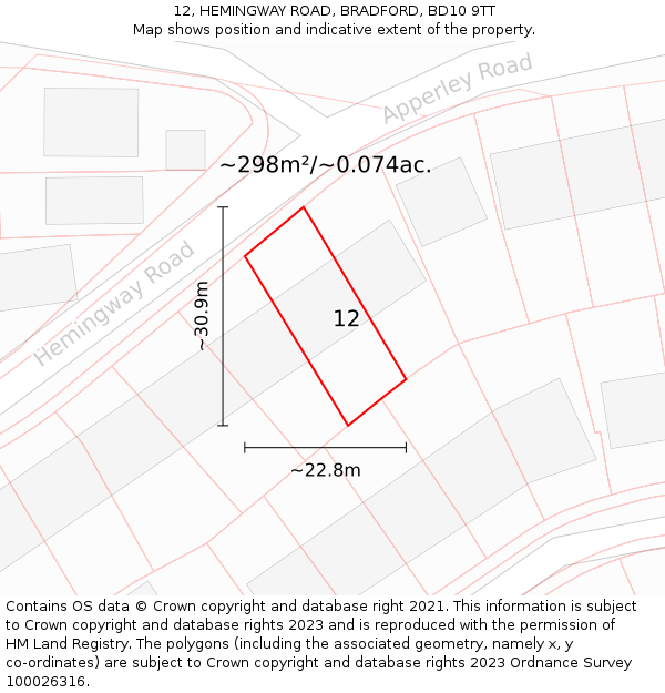 12, HEMINGWAY ROAD, BRADFORD, BD10 9TT: Plot and title map