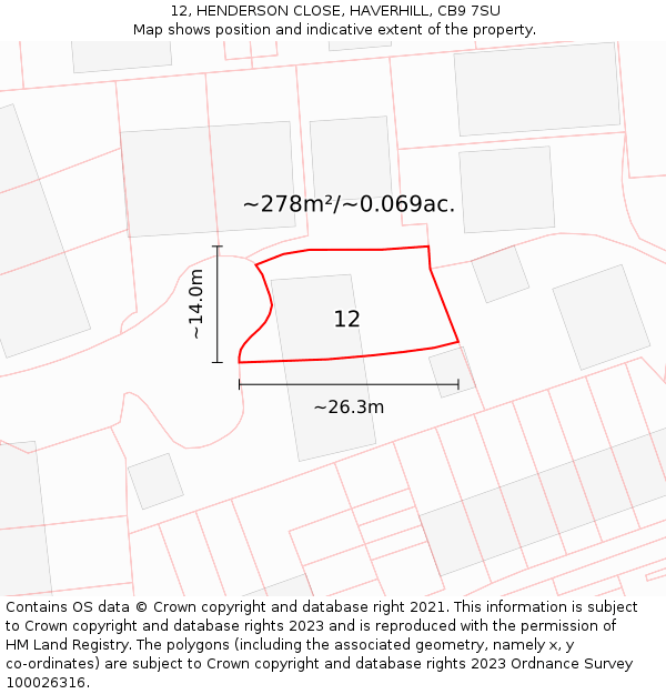 12, HENDERSON CLOSE, HAVERHILL, CB9 7SU: Plot and title map