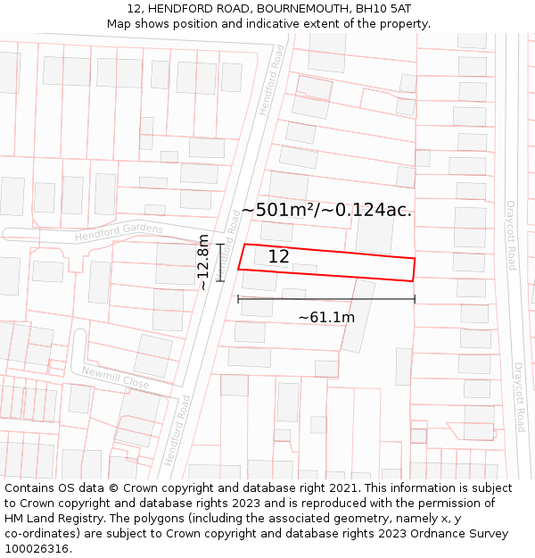 12, HENDFORD ROAD, BOURNEMOUTH, BH10 5AT: Plot and title map