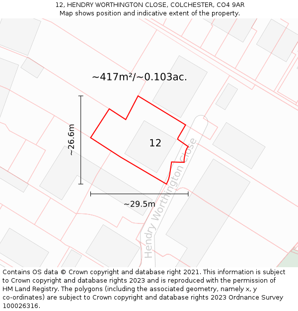 12, HENDRY WORTHINGTON CLOSE, COLCHESTER, CO4 9AR: Plot and title map