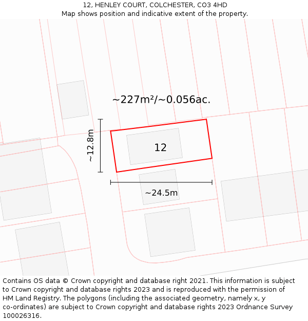 12, HENLEY COURT, COLCHESTER, CO3 4HD: Plot and title map