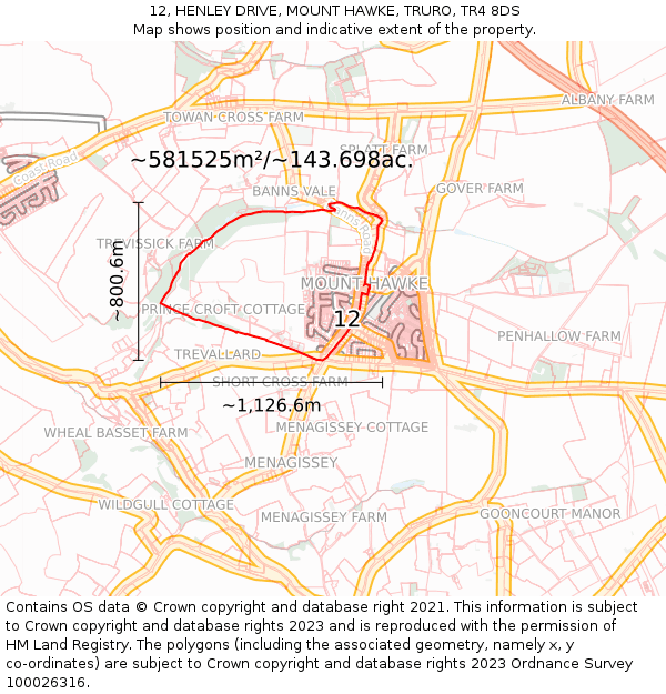 12, HENLEY DRIVE, MOUNT HAWKE, TRURO, TR4 8DS: Plot and title map