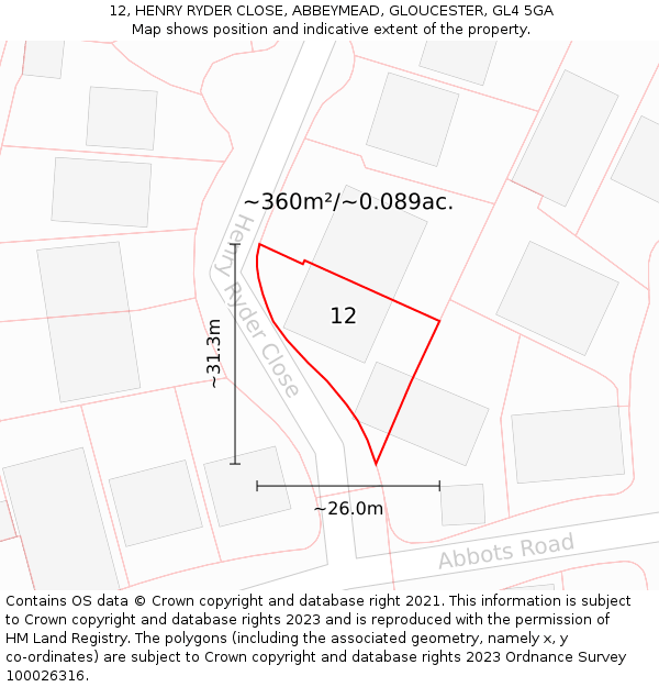 12, HENRY RYDER CLOSE, ABBEYMEAD, GLOUCESTER, GL4 5GA: Plot and title map
