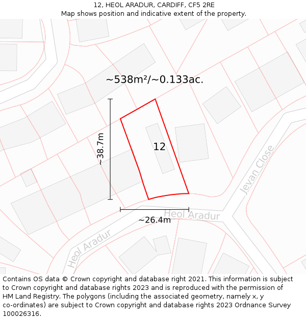 12, HEOL ARADUR, CARDIFF, CF5 2RE: Plot and title map