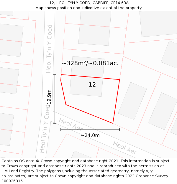 12, HEOL TYN Y COED, CARDIFF, CF14 6RA: Plot and title map