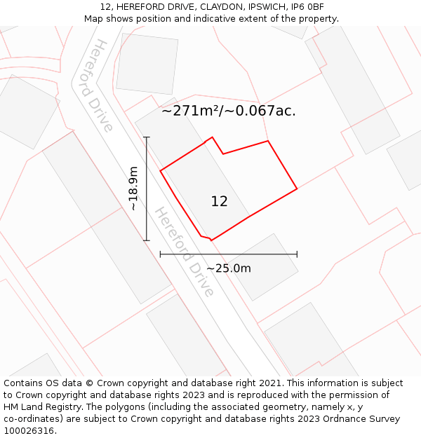 12, HEREFORD DRIVE, CLAYDON, IPSWICH, IP6 0BF: Plot and title map