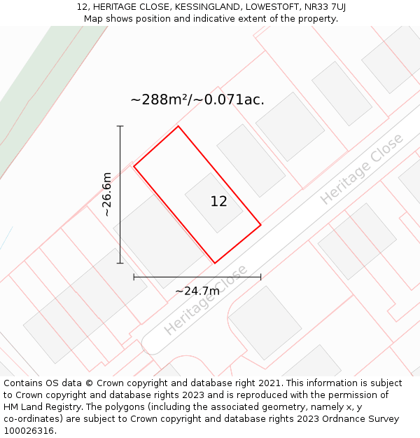 12, HERITAGE CLOSE, KESSINGLAND, LOWESTOFT, NR33 7UJ: Plot and title map