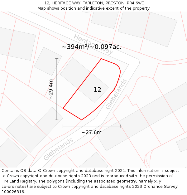 12, HERITAGE WAY, TARLETON, PRESTON, PR4 6WE: Plot and title map