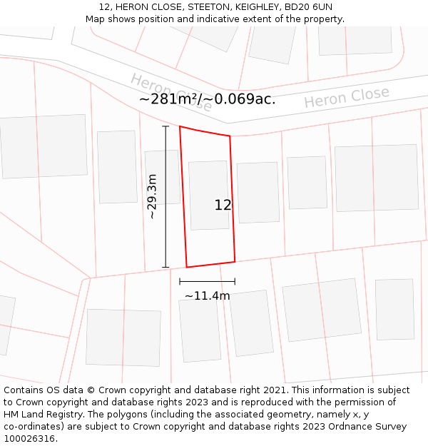 12, HERON CLOSE, STEETON, KEIGHLEY, BD20 6UN: Plot and title map