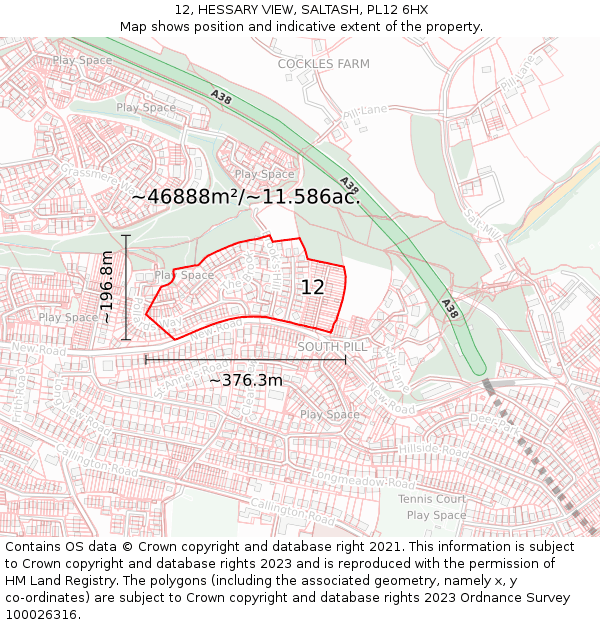 12, HESSARY VIEW, SALTASH, PL12 6HX: Plot and title map