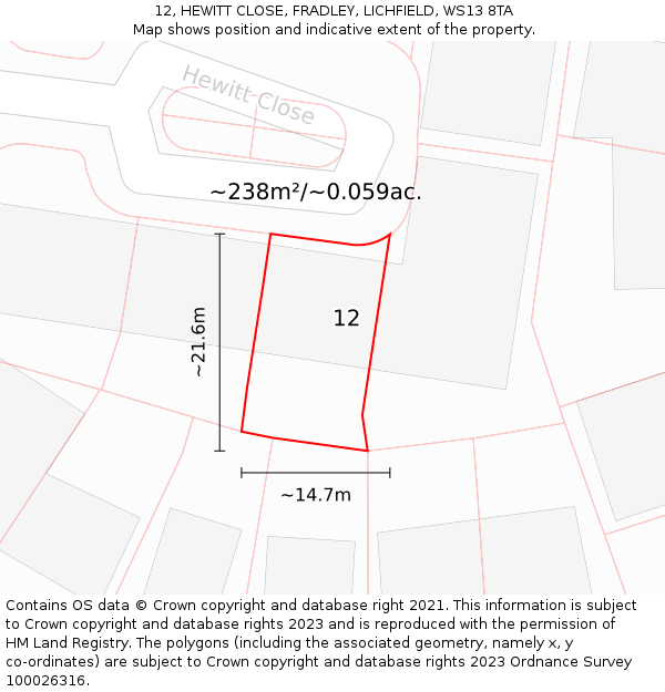 12, HEWITT CLOSE, FRADLEY, LICHFIELD, WS13 8TA: Plot and title map